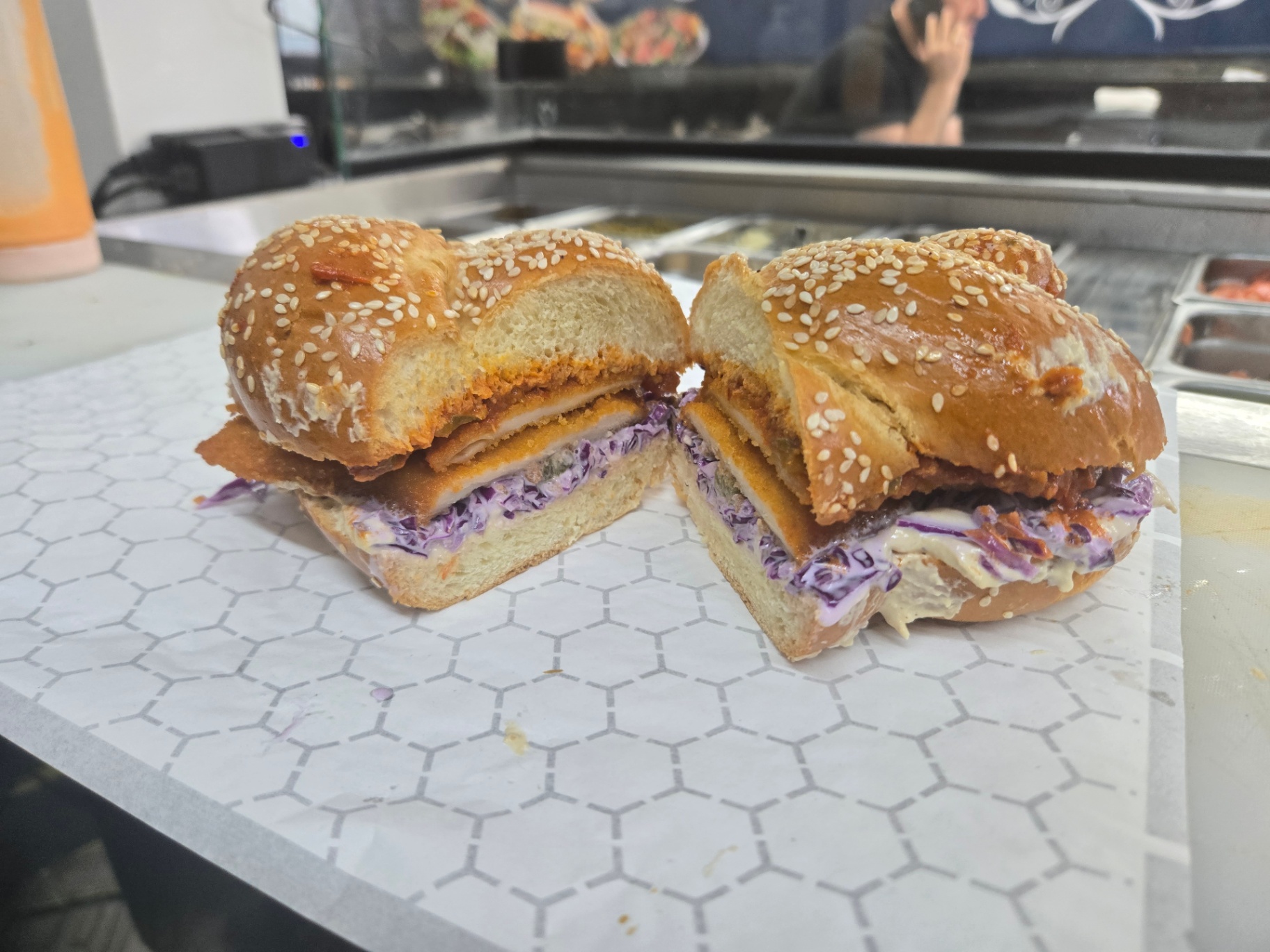 Challah schnitzel with purple slaw